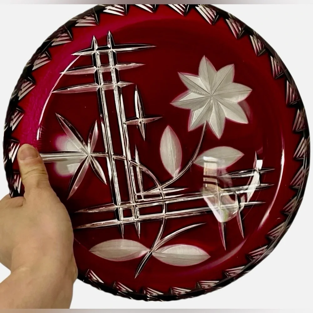 Bohemian Czech Ruby Cut to Clear Crystal Bowl Plate Centerpiece 11